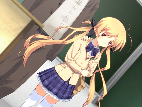 Anime picture 1280x960 with chaos;head orihara kozue long hair blush blonde hair twintails thighhighs skirt serafuku