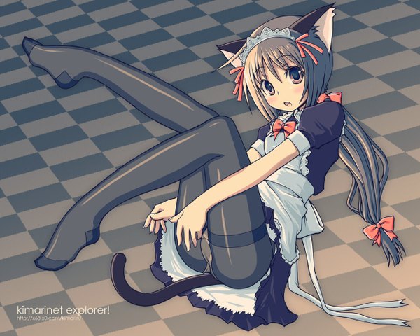 Anime picture 1280x1024 with original kimarin single long hair looking at viewer blush fringe open mouth light erotic brown hair sitting brown eyes signed animal ears tail animal tail cat ears maid cat girl cat tail