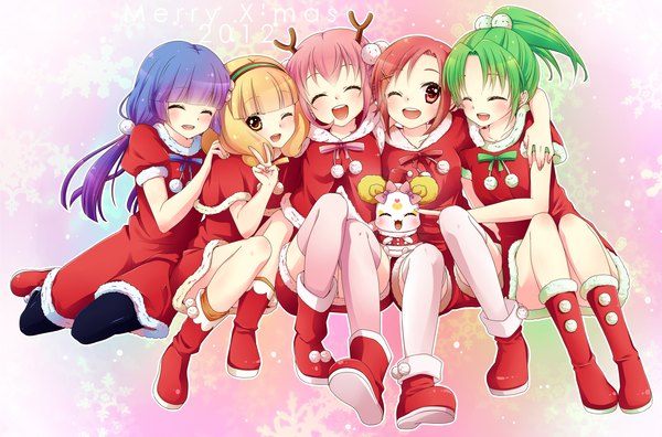 Anime picture 1602x1059 with precure smile precure! toei animation aoki reika kise yayoi midorikawa nao hoshizora miyuki hino akane (smile precure!) candy (smile precure!) kuune rin long hair blush short hair open mouth blonde hair red eyes multiple girls yellow eyes blue hair pink hair