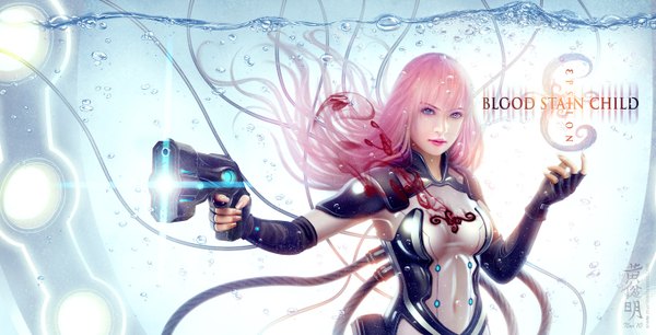 Anime picture 1360x694 with mario wibisono (raynkazuya) single long hair blue eyes wide image pink hair realistic blue background girl weapon water fingerless gloves gun blood wire (wires) blood stain child