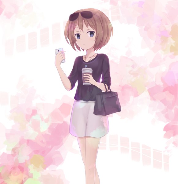 Anime picture 2800x2890 with choujigen game neptune blanc cyan aeolin single tall image looking at viewer highres short hair brown hair purple eyes sunglasses on head expressionless walking girl skirt pendant bag sunglasses mobile phone smartphone