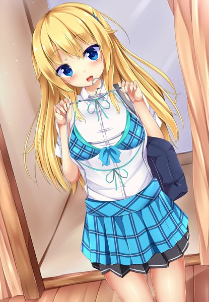 Anime picture 762x1100 with original yahiro (anhnw) single long hair tall image looking at viewer blush open mouth blue eyes blonde hair holding indoors pleated skirt girl skirt uniform hair ornament swimsuit school uniform miniskirt