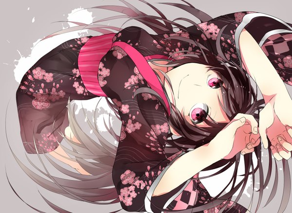 Anime picture 3434x2507 with original hibiya single long hair highres black hair smile red eyes absurdres japanese clothes girl kimono obi