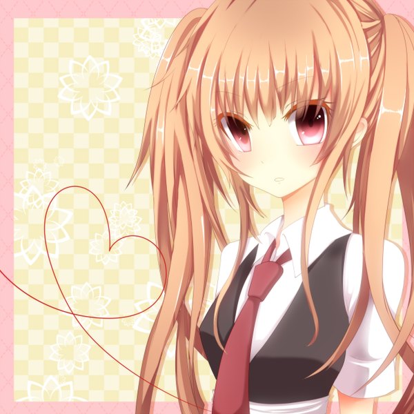 Anime picture 1360x1360 with original bloodcatblack (tsukiko) single long hair looking at viewer blush blonde hair red eyes twintails upper body checkered background heart of string girl necktie heart