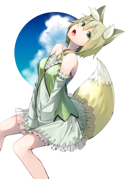 Anime picture 2508x3541 with original hitotose hirune single tall image looking at viewer highres short hair open mouth blonde hair white background green eyes animal ears tail animal tail fox ears fox tail fox girl girl dress detached sleeves