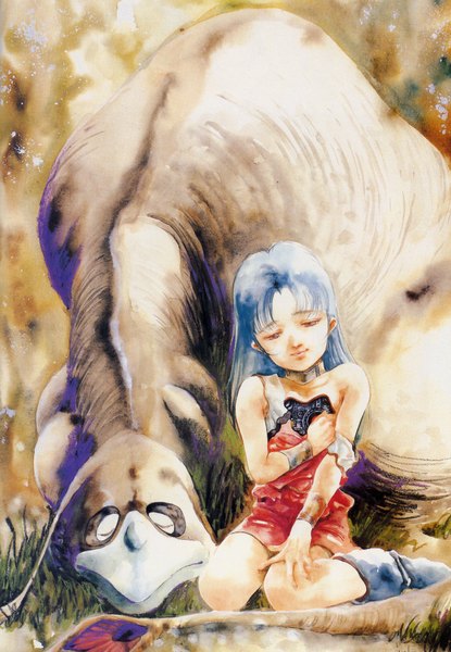 Anime picture 1280x1848 with macross macross ii ishtar haruhiko mikimoto long hair tall image sitting bare shoulders blue hair girl plant (plants) animal boots grass
