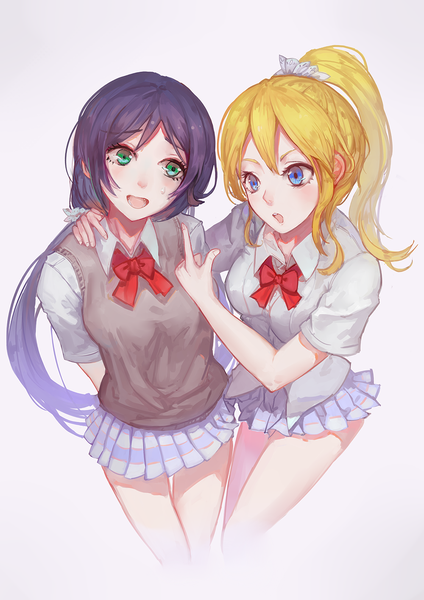 Anime picture 1000x1414 with love live! school idol project sunrise (studio) love live! toujou nozomi ayase eli hoshimawa single long hair tall image blush open mouth blue eyes simple background blonde hair white background twintails green eyes ponytail low twintails girl