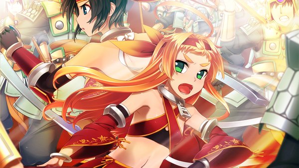 Anime picture 1280x720 with sangoku hime unicorn-a long hair short hair open mouth blue eyes black hair wide image multiple girls green eyes game cg orange hair battle girl 2 girls detached sleeves hairband