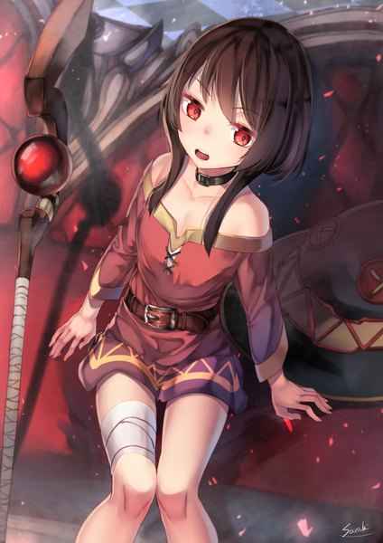 Anime picture 1273x1800 with kono subarashii sekai ni shukufuku wo! studio deen megumin saraki single long hair tall image fringe open mouth light erotic red eyes brown hair sitting bare shoulders signed looking away bent knee (knees) arm support bare legs sparkle