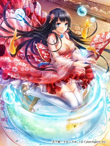 Anime picture 600x800 with original kempin single long hair tall image looking at viewer blue eyes black hair girl thighhighs dress hair ornament animal white thighhighs fish (fishes)