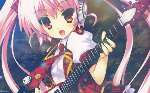 Anime picture 1680x1050 with shimesaba kohada 21emmz12 (artist) single long hair open mouth red eyes wide image twintails pink hair girl uniform school uniform necktie headphones skull guitar