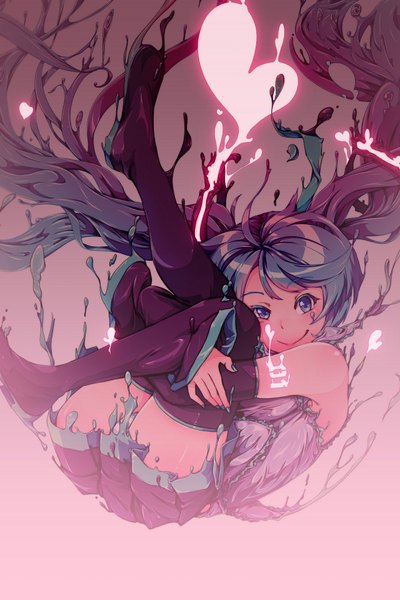 Anime picture 1280x1920 with vocaloid hatsune miku 310123 single tall image looking at viewer blue eyes light erotic smile twintails blue hair very long hair wide sleeves tattoo liquid hair dissolving liquid clothes girl thighhighs skirt