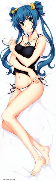 Anime picture 2344x7500 with muv-luv alternative muv-luv cui yifei single long hair tall image highres blue eyes light erotic twintails blue hair full body underwear only dakimakura (medium) hair bell girl navel underwear panties bell