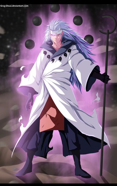 Anime picture 2239x3528 with naruto studio pierrot naruto (series) uchiha madara gray-dous single long hair tall image highres white hair pink eyes night night sky coloring magic rinnegan boy cloak staff