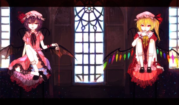 Anime picture 2000x1176 with touhou flandre scarlet remilia scarlet sono (pixiv) highres short hair blonde hair red eyes wide image sitting multiple girls purple hair teeth fang (fangs) legs one side up bat wings girl dress 2 girls