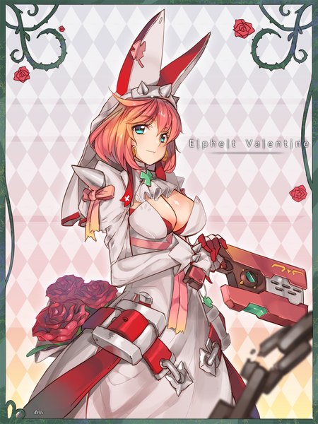 Anime picture 1000x1333 with guilty gear guilty gear xrd elphelt valentine nellen single tall image looking at viewer blush short hair breasts blue eyes light erotic red hair character names rhombus girl dress weapon earrings gun