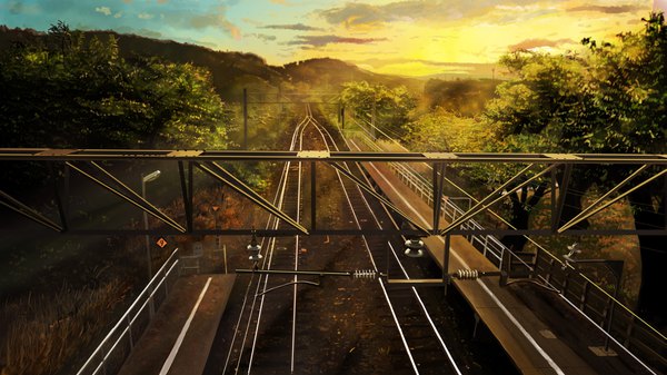 Anime picture 3839x2160 with original banishment highres wide image absurdres sky cloud (clouds) evening sunset no people landscape plant (plants) tree (trees) train station railways