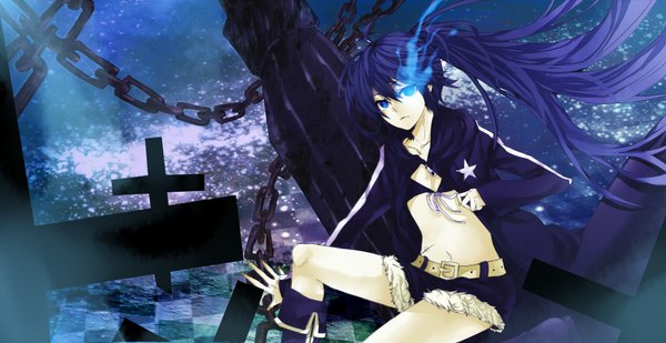 Anime picture 3960x2040 with black rock shooter black rock shooter (character) ph9595 single long hair highres blue eyes black hair wide image twintails absurdres glowing scar glowing eye (eyes) checkered girl shorts chain bikini top