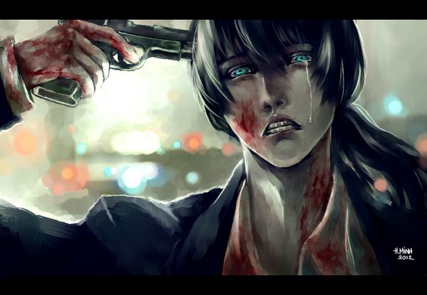 Anime picture 1300x900 with nanfe long hair open mouth black hair signed ponytail realistic teeth tears letterboxed crying sad injury weapon shirt white shirt gun blood