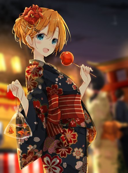 Anime picture 758x1023 with love live! school idol project sunrise (studio) love live! kousaka honoka kurottari tall image looking at viewer blush fringe short hair open mouth blue eyes smile hair between eyes holding outdoors traditional clothes :d japanese clothes hair flower