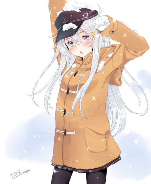 Anime picture 987x1200 with kantai collection hibiki destroyer kiyomin single long hair tall image looking at viewer blush blue eyes standing silver hair :o sparkle snowing snow girl pantyhose flat cap winter clothes