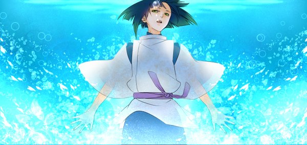 Anime picture 1477x697 with spirited away studio ghibli haku (spirited away) terashi (artist) single black hair wide image green eyes underwater boy water bubble (bubbles)