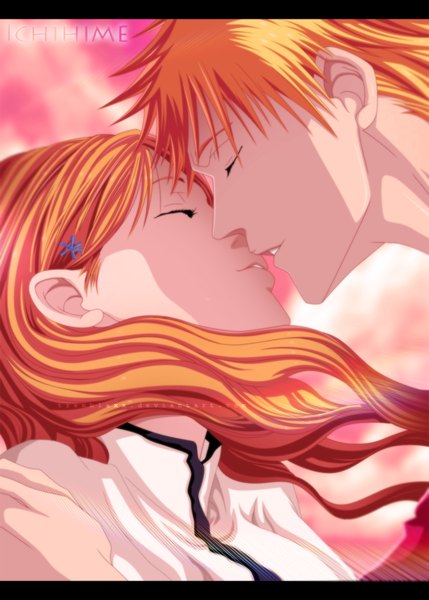 Anime picture 900x1257 with bleach studio pierrot kurosaki ichigo inoue orihime tremblax long hair tall image short hair eyes closed traditional clothes japanese clothes profile orange hair inscription couple coloring letterboxed face to face almost kiss girl