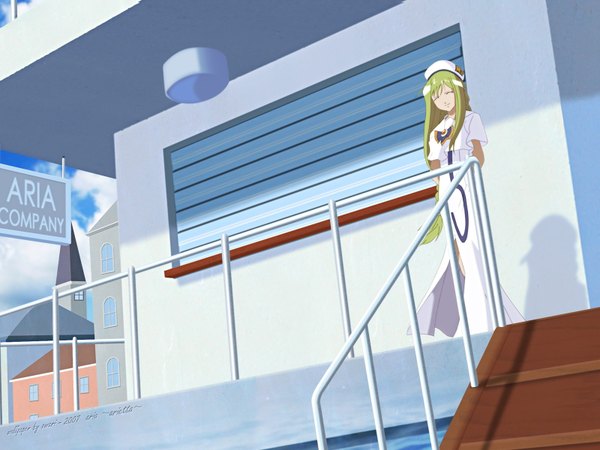 Anime picture 1600x1200 with aria alicia florence single long hair signed full body outdoors eyes closed green hair shadow 2007 girl building (buildings) stairs railing