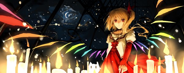 Anime picture 1500x600 with touhou flandre scarlet kirisame marisa untitiled long hair looking at viewer blonde hair red eyes wide image multiple girls cloud (clouds) ponytail side ponytail witch crescent broom riding girl dress ribbon (ribbons) 2 girls