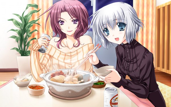 Anime picture 1024x640 with hatsukoi yohou (game) long hair short hair open mouth blue eyes brown hair wide image purple eyes multiple girls game cg grey hair nabe girl 2 girls food oden (food)