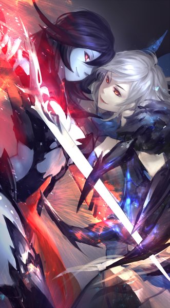 Anime picture 1048x1900 with original pixiv fantasia pixiv fantasia t noodles (artist) long hair tall image fringe breasts smile red eyes multiple girls blue hair silver hair lips eye contact fighting stance smirk glowing weapon blue skin girl