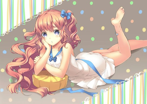 Anime picture 1000x711 with original unya (unya-unya) single long hair looking at viewer blush blue eyes pink hair barefoot bare legs girl dress bow hair bow sundress