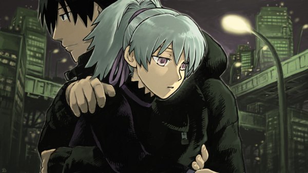 Anime picture 1280x720 with darker than black studio bones yin (darker than black) hei (darker than black) wide image purple eyes ponytail night hug city lamppost