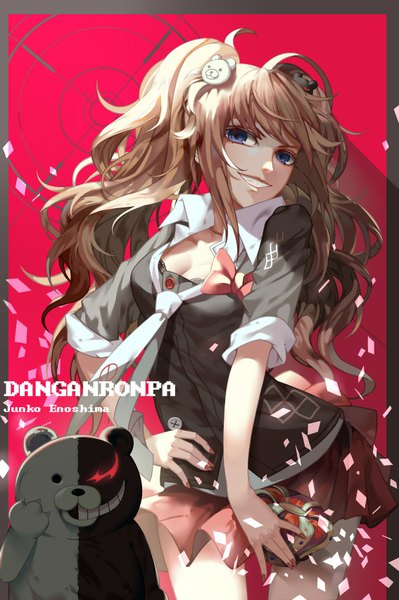 Anime picture 1134x1705 with dangan ronpa enoshima junko monokuma lightofheaven single long hair tall image fringe breasts blue eyes simple background smile twintails pink hair nail polish copyright name wavy hair red background crazy smile girl