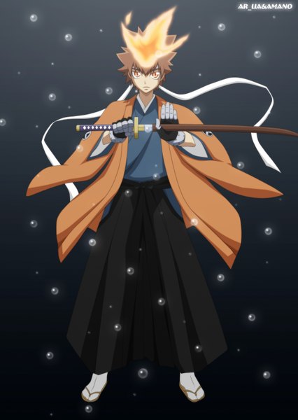 Anime picture 1080x1520 with katekyou hitman reborn sawada tsunayoshi ar-ua single tall image short hair brown hair japanese clothes orange eyes coloring magic black background unsheathing boy gloves ribbon (ribbons) weapon sword kimono katana