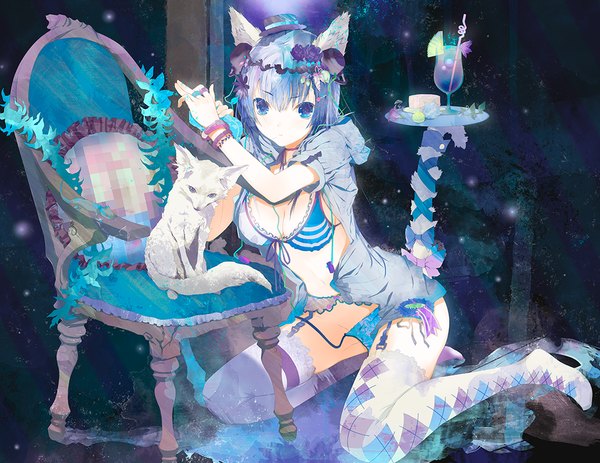Anime picture 1089x842 with original fuyuno haruaki single looking at viewer blush short hair blue eyes light erotic simple background sitting animal ears blue hair cleavage tail animal tail hair flower fox ears fox tail fox girl blue background