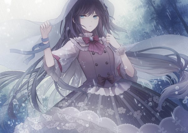 Anime picture 1157x818 with original angel31424 single long hair fringe blue eyes black hair hair between eyes signed outdoors parted lips wind from below floral print looking up rain girl dress bow ribbon (ribbons)