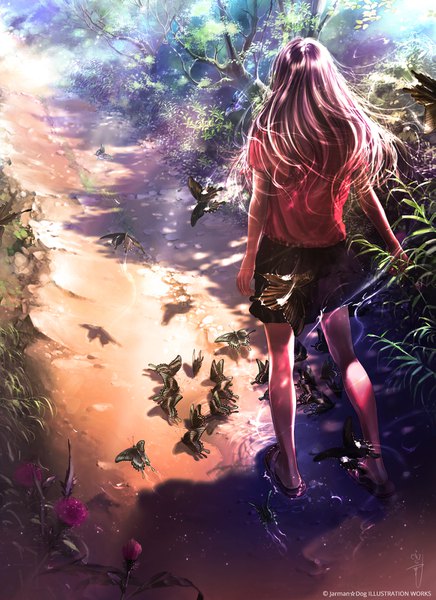 Anime picture 1165x1600 with original aalge single long hair tall image brown hair from behind reflection walking girl skirt flower (flowers) plant (plants) tree (trees) water insect butterfly t-shirt sandals road