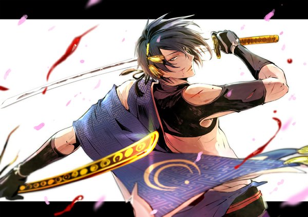 Anime picture 1100x777 with touken ranbu nitroplus mikazuki munechika shihouakira single looking at viewer fringe short hair black hair simple background white background bare shoulders holding yellow eyes traditional clothes parted lips japanese clothes torn clothes back letterboxed