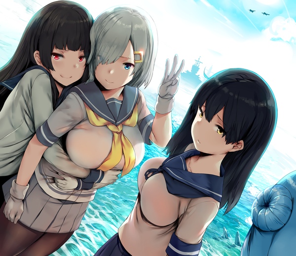 イラスト 6000x5200 と 艦隊これくしょん 浜風(艦これ) 磯風(艦これ) 潮(艦これ) 浦風(艦これ) hews 長髪 カメラ目線 前髪 highres 短い髪 おっぱい 青い目 light erotic 黒髪 笑顔 赤い目 茶色の髪 大きな乳房 立つ