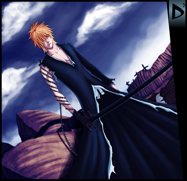 Anime picture 1500x1452 with bleach studio pierrot kurosaki ichigo the-phoeniix (artist) short hair sky cloud (clouds) japanese clothes orange hair orange eyes coloring torn clothes muscle boy weapon sword kimono katana chain