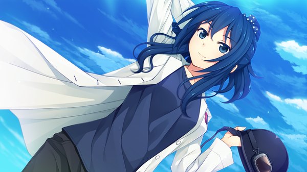 Anime picture 2560x1440 with sorairo innocent akabei soft3 nojiri tokako unasaka ryou single long hair looking at viewer fringe highres smile wide image blue hair game cg sky cloud (clouds) ponytail sunlight open jacket dutch angle adjusting hair