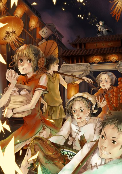 Anime picture 1414x2000 with original shirou long hair tall image smile brown hair multiple girls braid (braids) traditional clothes night multiple boys grey eyes sweat hand on hip chinese clothes group sweatdrop eating new year demon