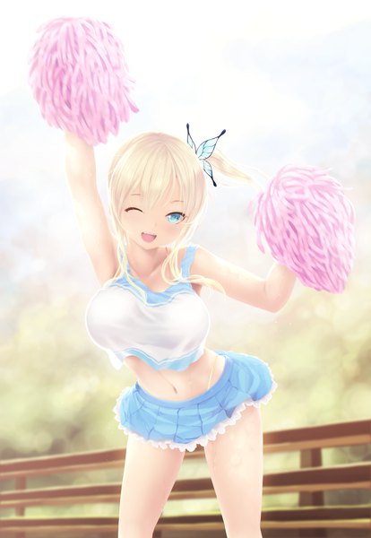 Anime picture 3543x5132 with boku wa tomodachi ga sukunai kashiwazaki sena cait single long hair tall image looking at viewer blush fringe highres breasts open mouth blue eyes light erotic blonde hair standing bare shoulders absurdres head tilt one eye closed