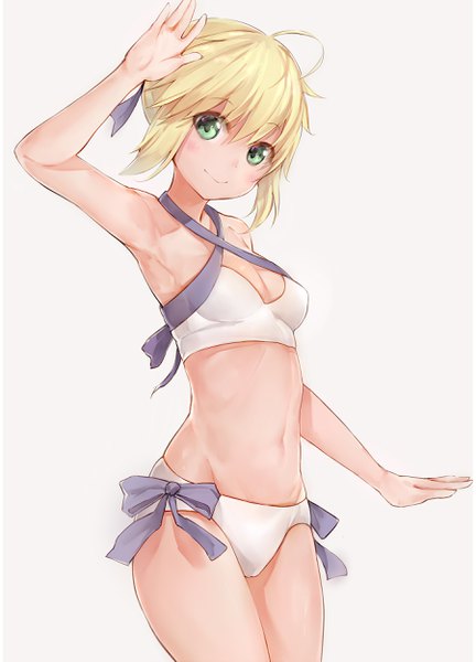 Anime picture 1800x2500 with fate (series) fate/stay night artoria pendragon (all) saber master artoria silver (chenwen) single tall image looking at viewer highres short hair light erotic simple background blonde hair smile standing green eyes cleavage ahoge head tilt