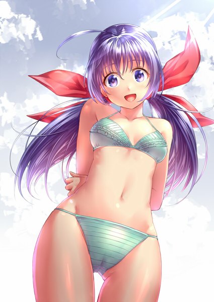 Anime picture 637x900 with fatal fury mark of the wolves snk futaba hotaru misao (kami no misoshiru) single long hair tall image blush open mouth light erotic smile purple eyes twintails sky purple hair cloud (clouds) ahoge sunlight from below