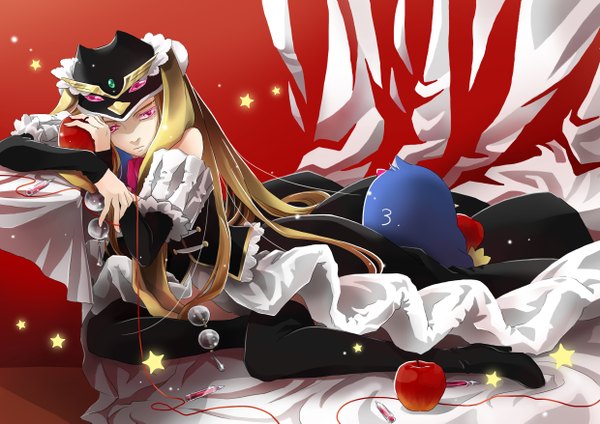 Anime picture 2480x1753 with mawaru penguindrum takakura himari princess of the crystal single highres brown hair sitting bare shoulders very long hair pink eyes girl thighhighs dress black thighhighs detached sleeves star (symbol) cap apple thread red thread