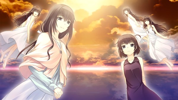 Anime picture 2048x1152 with tokyo babel long hair highres short hair black hair wide image multiple girls game cg sky cloud (clouds) horizon multiple persona girl sundress 5 girls