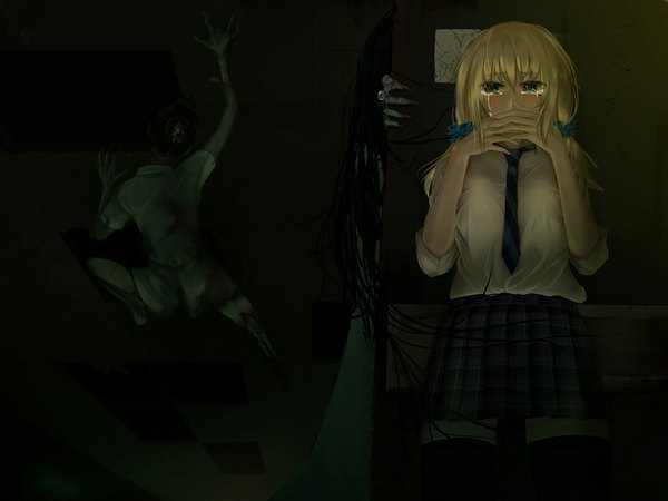 Anime picture 1000x750 with original karube karu long hair blush blonde hair green eyes tears zombie girl thighhighs skirt uniform black thighhighs school uniform miniskirt shirt necktie blood monster