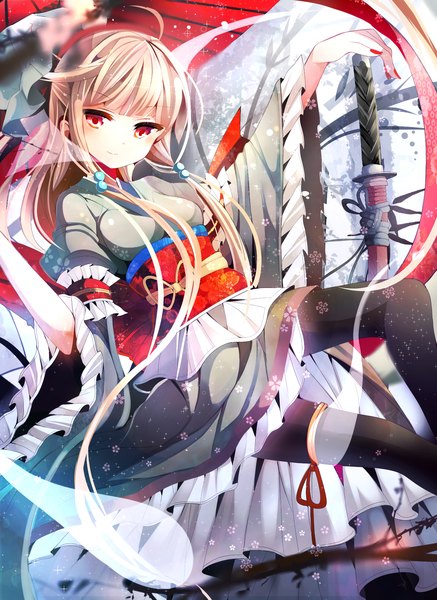 Anime picture 1730x2373 with touhou saigyouji yuyuko fumiko (miruyuana) single long hair tall image looking at viewer blush highres red eyes pink hair ahoge traditional clothes japanese clothes light smile ghost girl hair ornament ribbon (ribbons) weapon